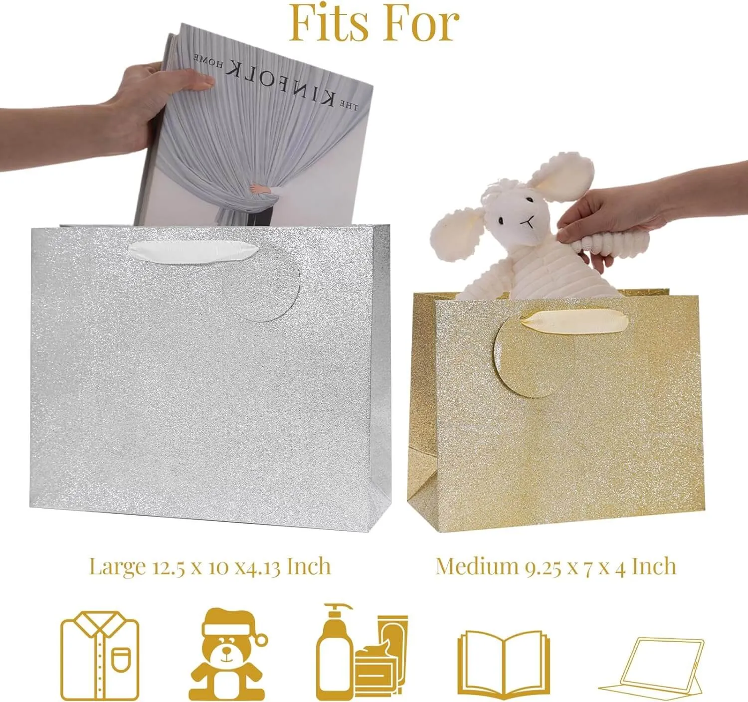 Medium and Large Metallic Gold & Sliver Gift Bags, Pack of 12
