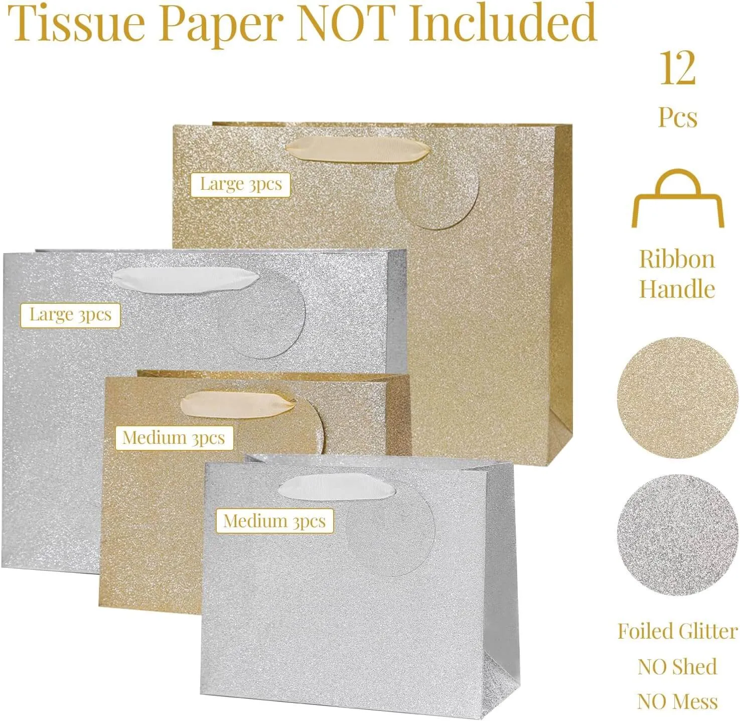 Medium and Large Metallic Gold & Sliver Gift Bags, Pack of 12