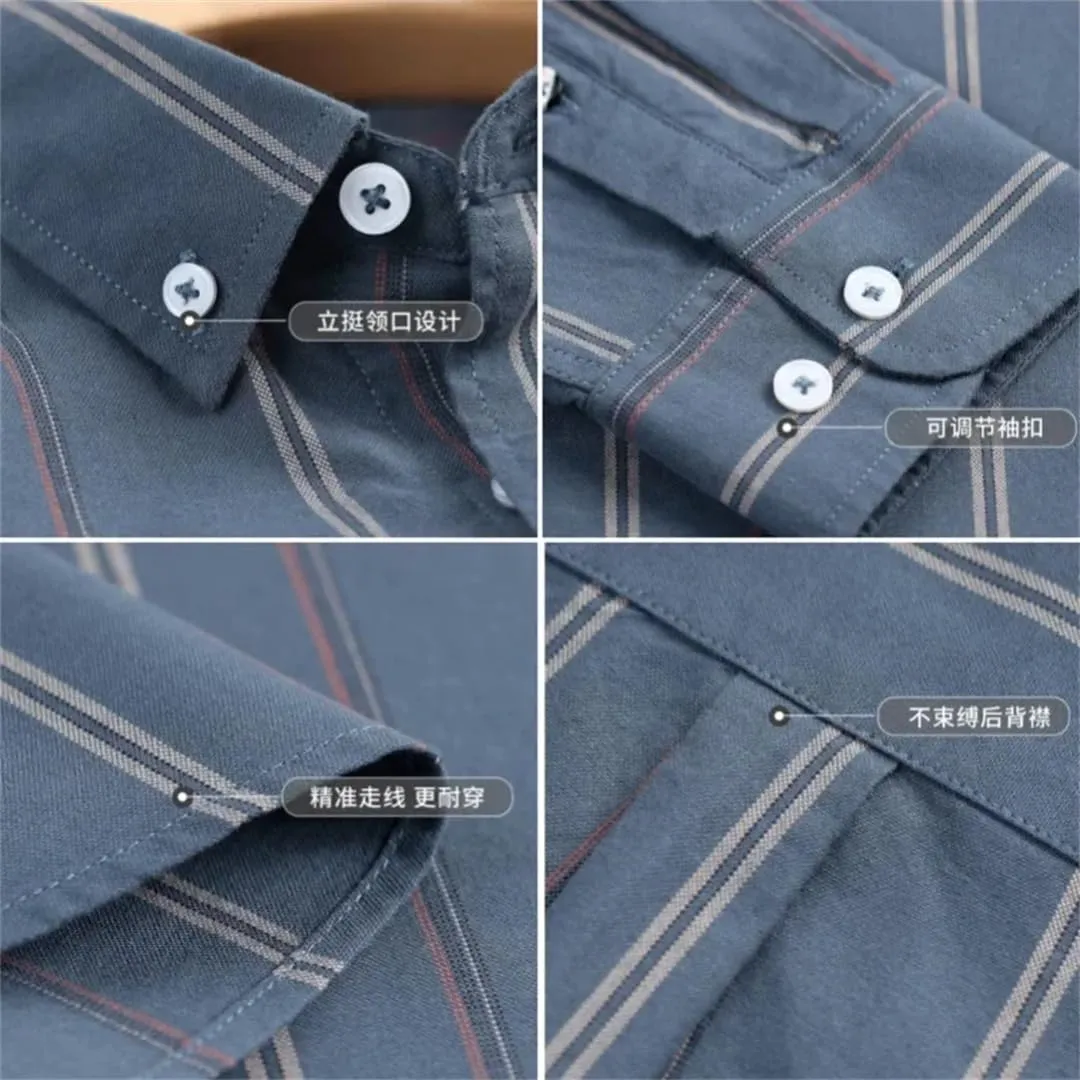 Men Cotton Long-Sleeve Striped Shirts Slim Fit Casual Soft Plaid Striped Designer Plain Shirt