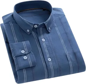 Men Cotton Long-Sleeve Striped Shirts Slim Fit Casual Soft Plaid Striped Designer Plain Shirt