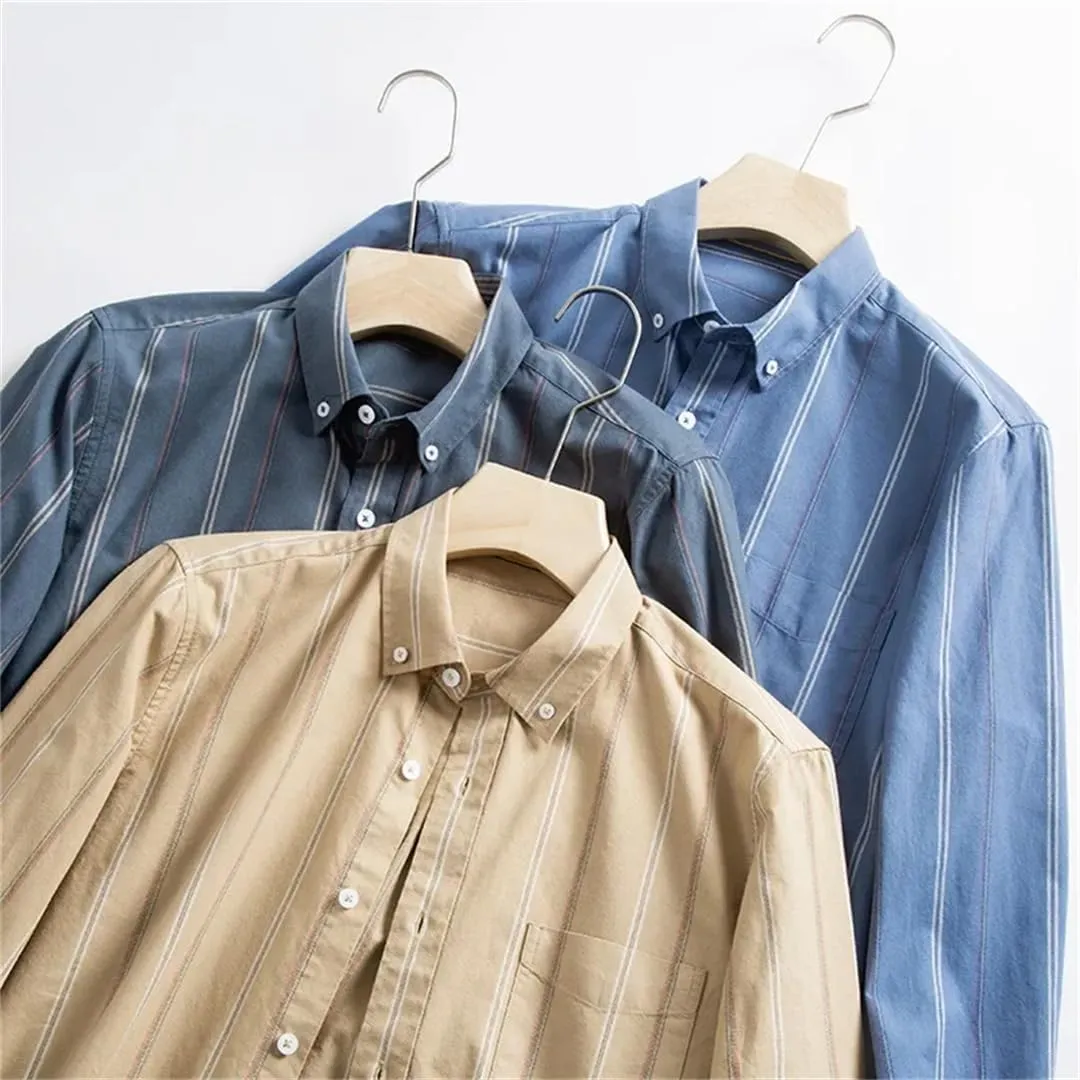 Men Cotton Long-Sleeve Striped Shirts Slim Fit Casual Soft Plaid Striped Designer Plain Shirt