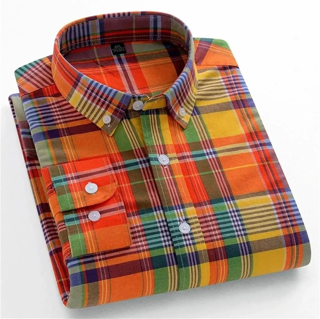 Men Cotton Long-Sleeve Striped Shirts Slim Fit Casual Soft Plaid Striped Designer Plain Shirt