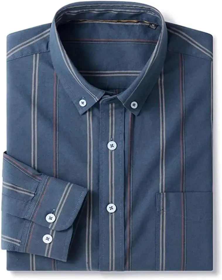 Men Cotton Long-Sleeve Striped Shirts Slim Fit Casual Soft Plaid Striped Designer Plain Shirt