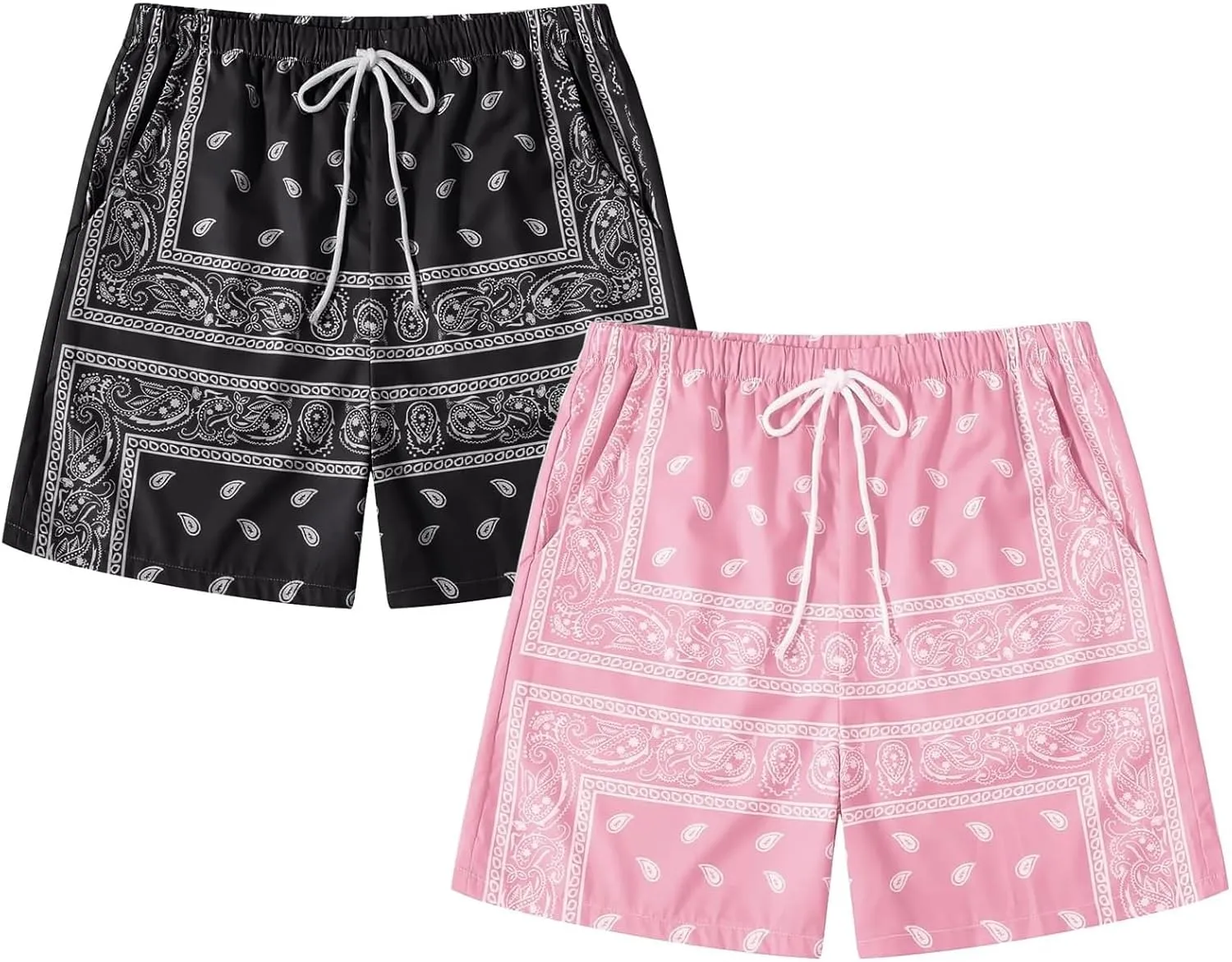 Men's 2 Pack Paisley Print Graphic Shorts Drawstring Waist Boho Tribal Summer Bandana Shorts with Pockets