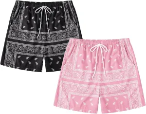 Men's 2 Pack Paisley Print Graphic Shorts Drawstring Waist Boho Tribal Summer Bandana Shorts with Pockets