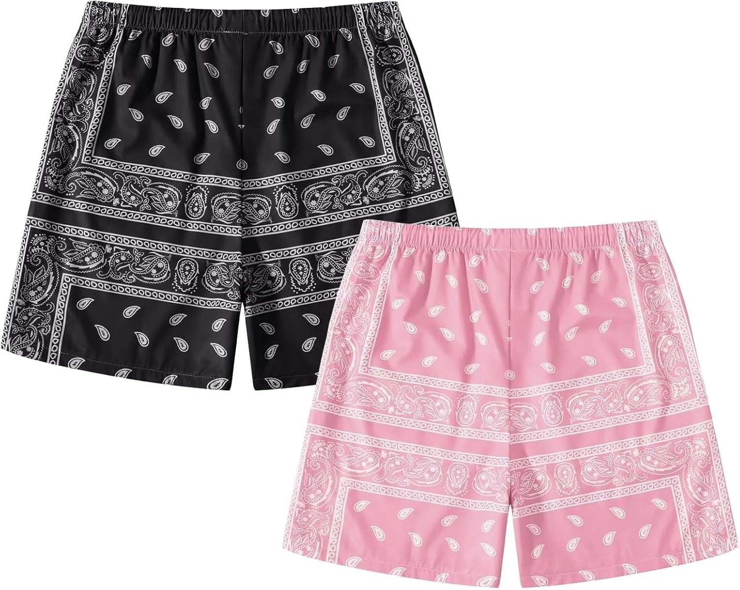 Men's 2 Pack Paisley Print Graphic Shorts Drawstring Waist Boho Tribal Summer Bandana Shorts with Pockets