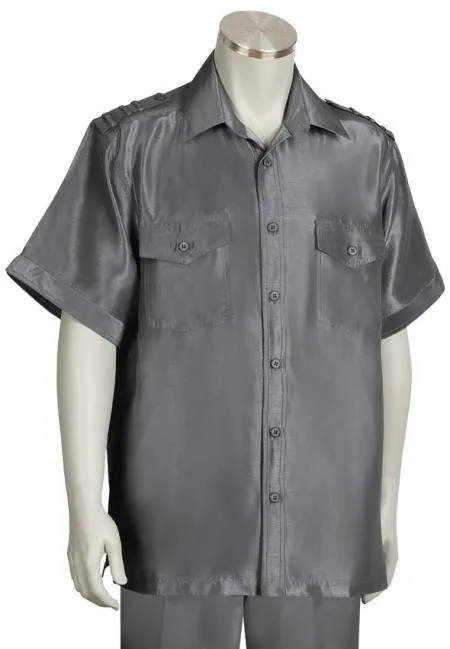Men's Metallic Shoulder Accent Dual Pocket Grey Suit