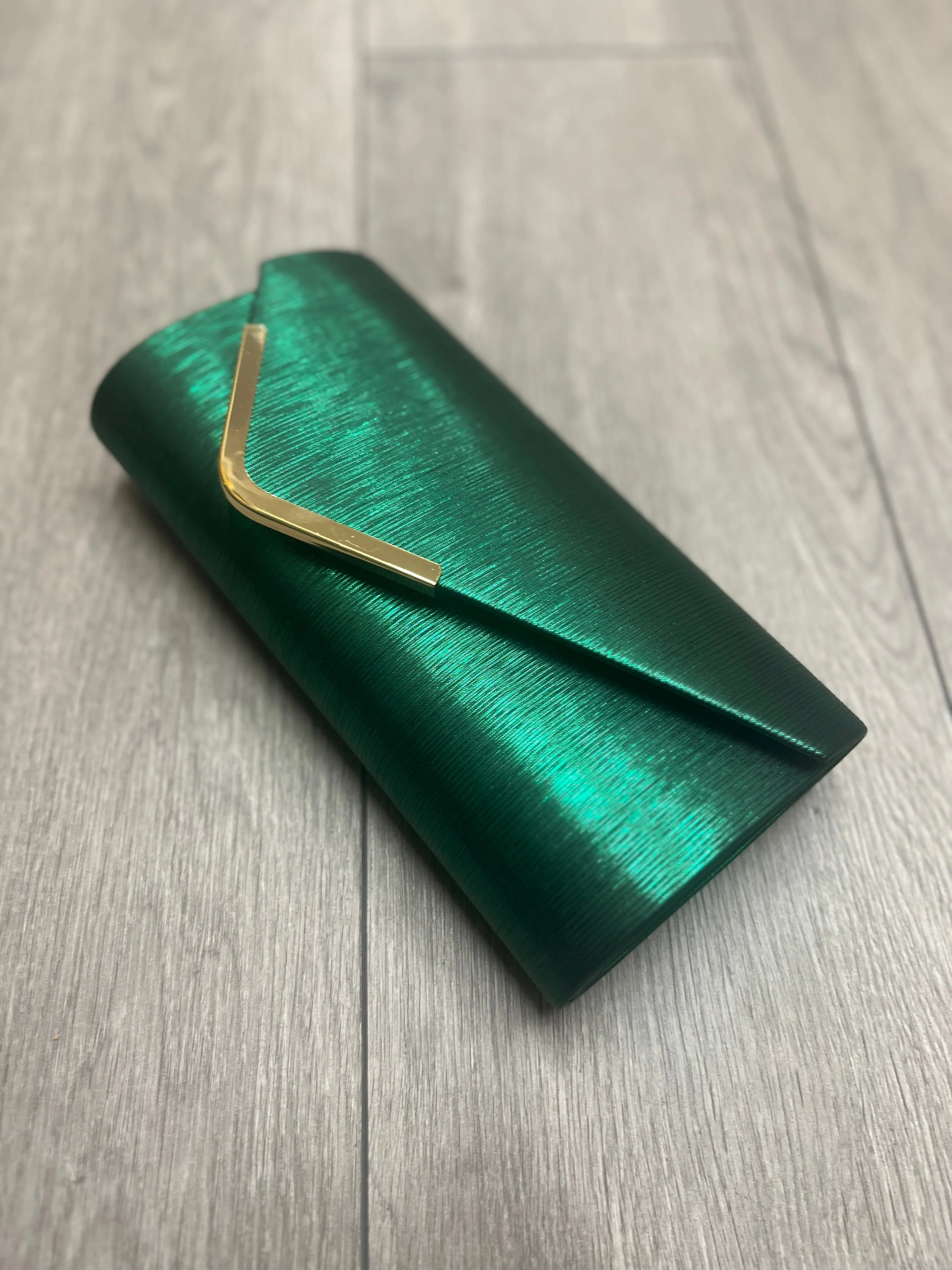 Metallic Clutch Bag With Gold Trim- Emerald Green