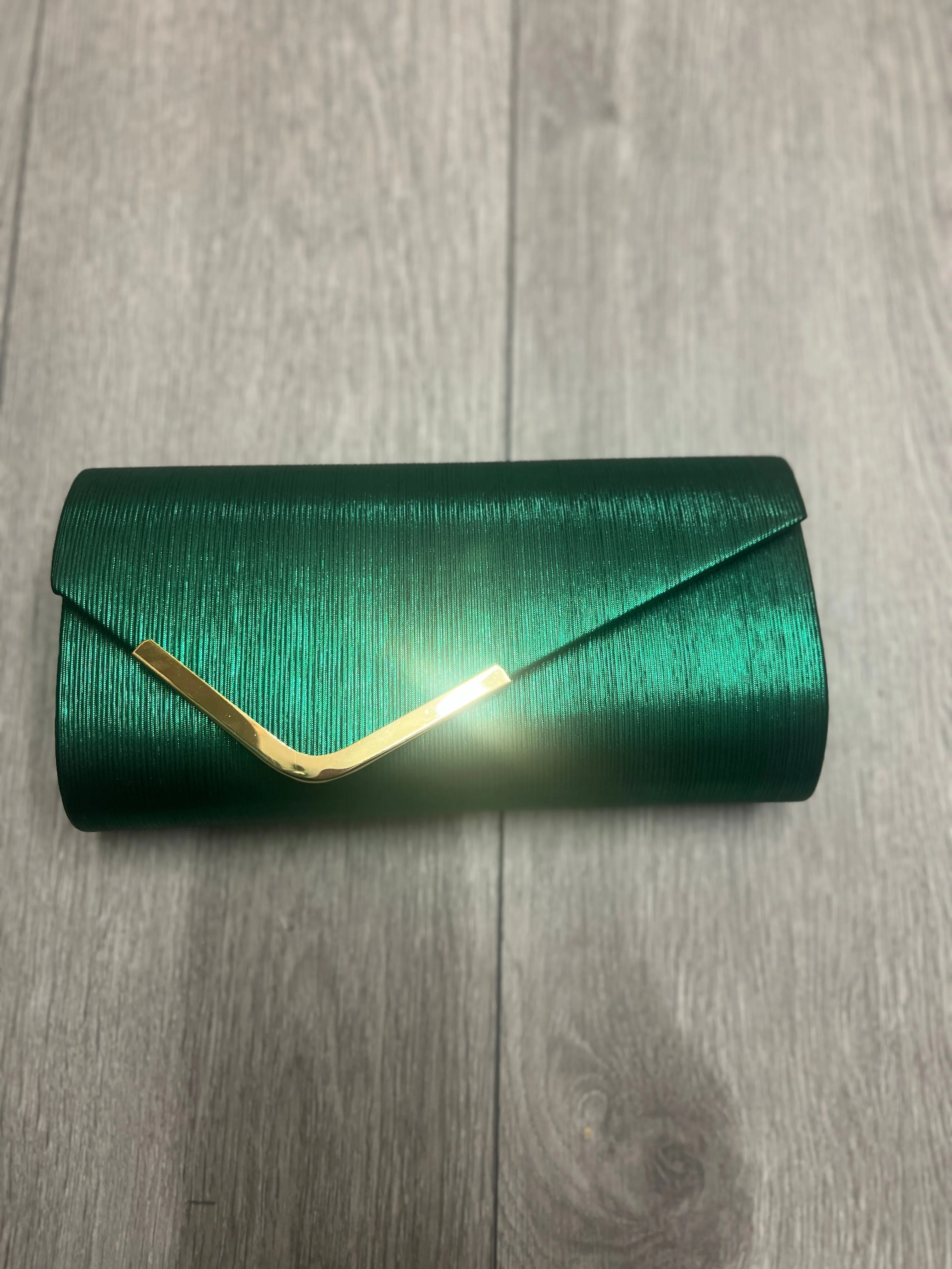 Metallic Clutch Bag With Gold Trim- Emerald Green
