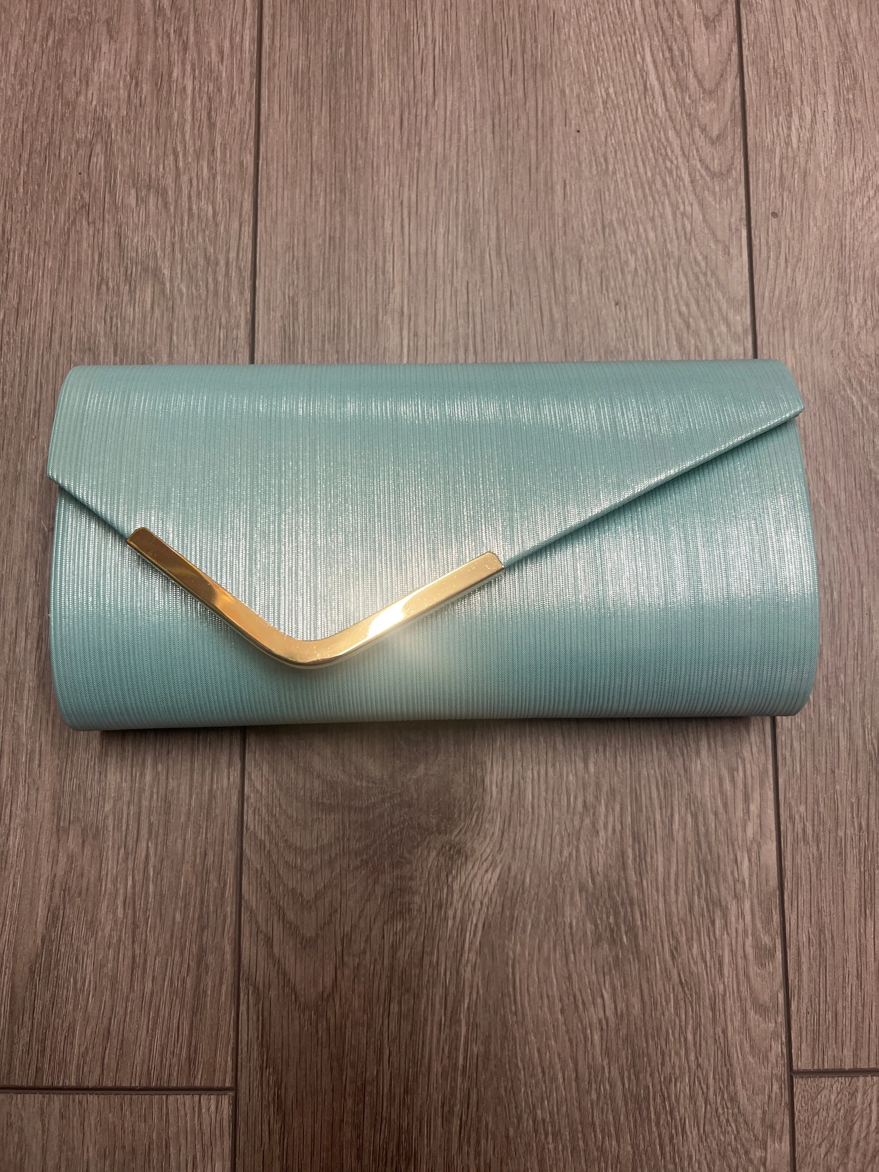 Metallic Clutch Bag With Gold Trim- Mint Blue