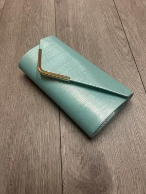 Metallic Clutch Bag With Gold Trim- Mint Blue