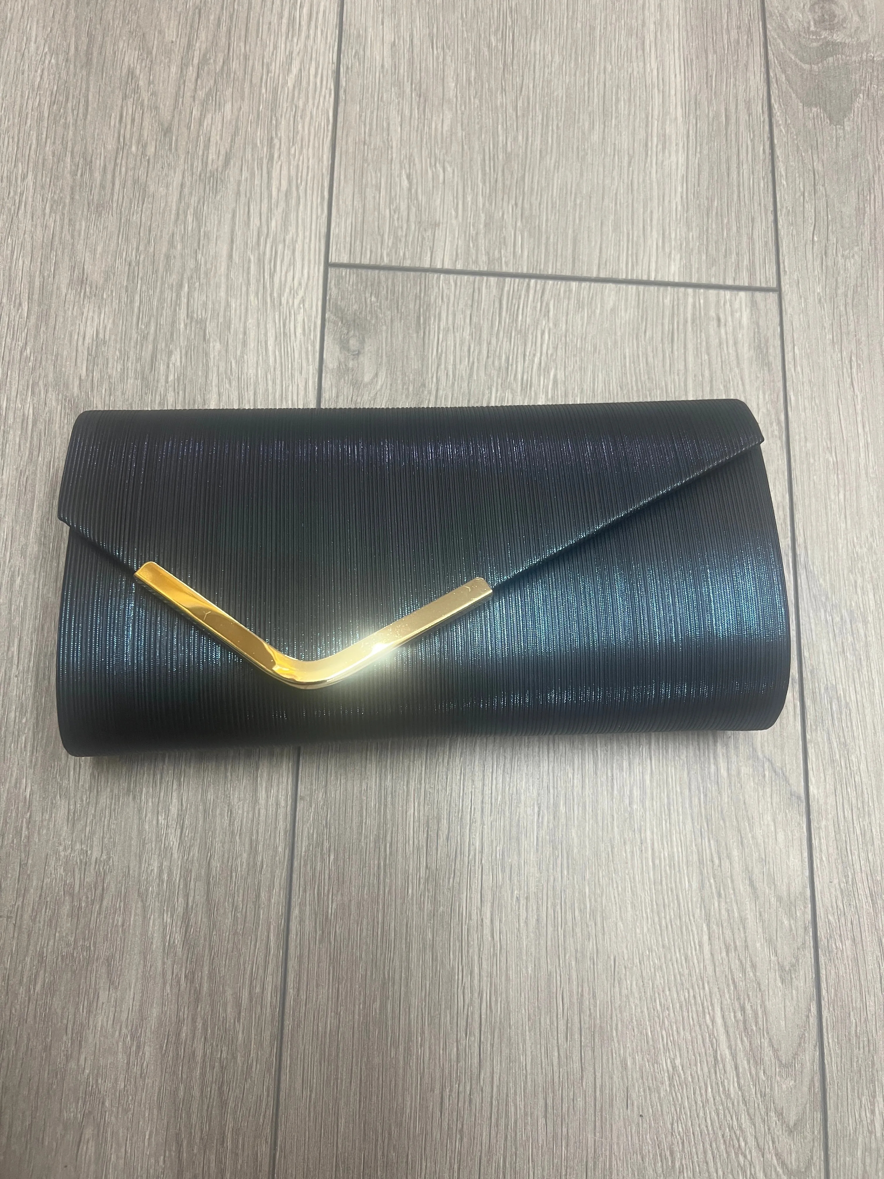 Metallic Clutch Bag With Gold Trim- Navy