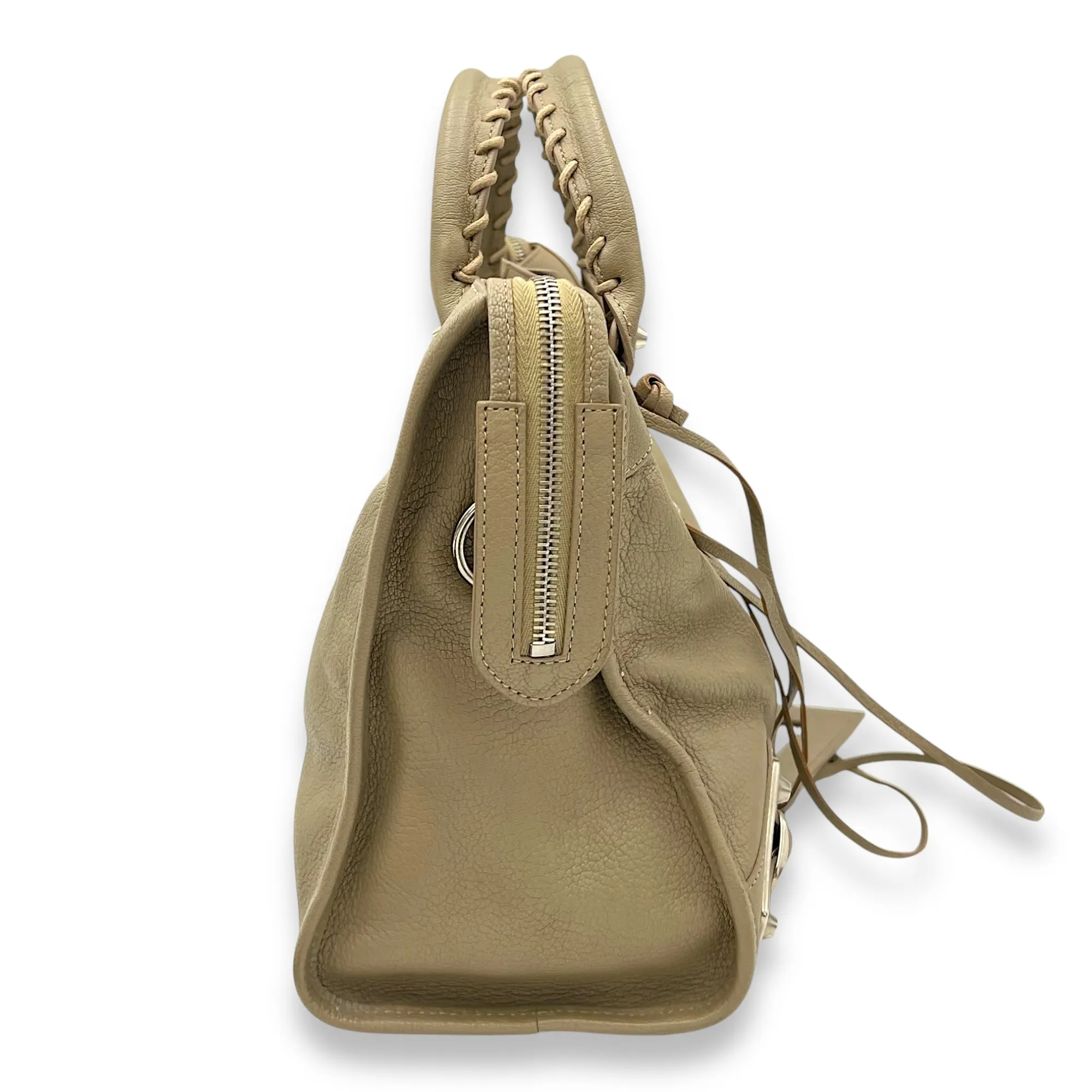 Metallic Edge Shoulder Bag Medium Beige in Calfskin, Silver hardware