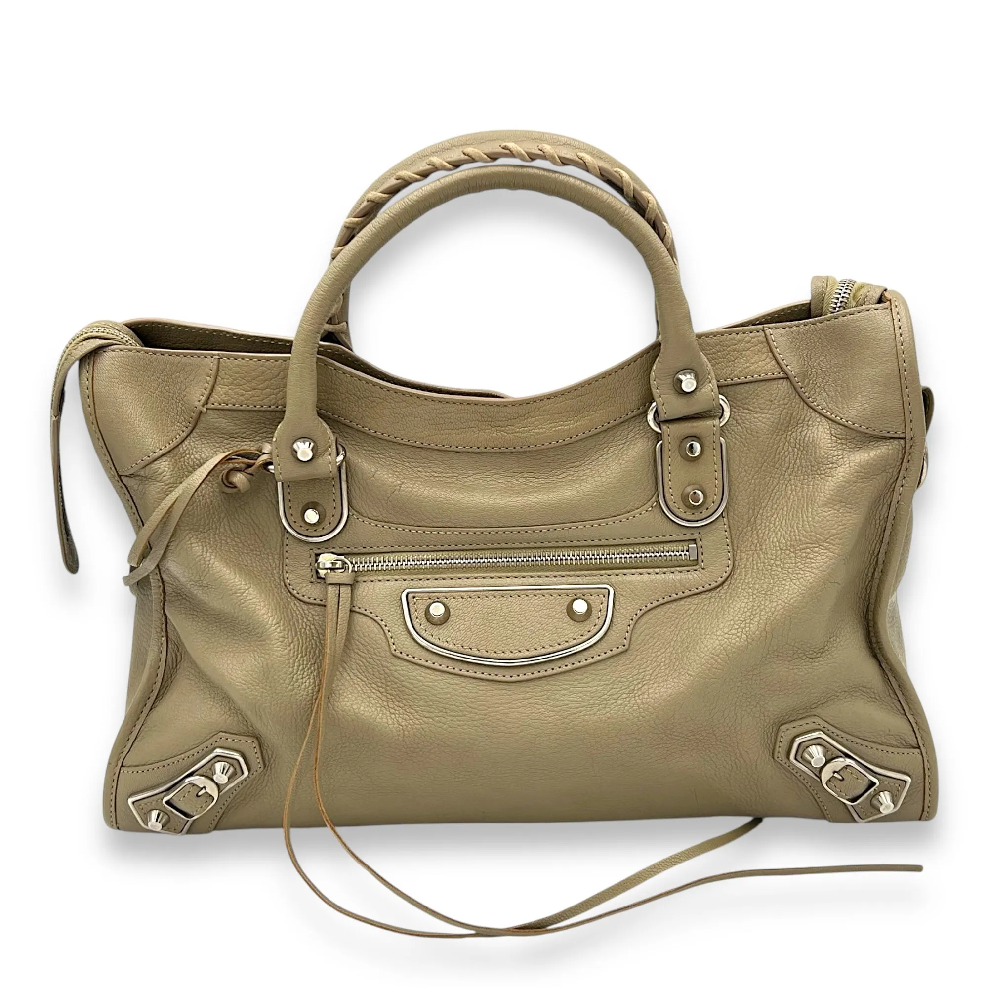 Metallic Edge Shoulder Bag Medium Beige in Calfskin, Silver hardware