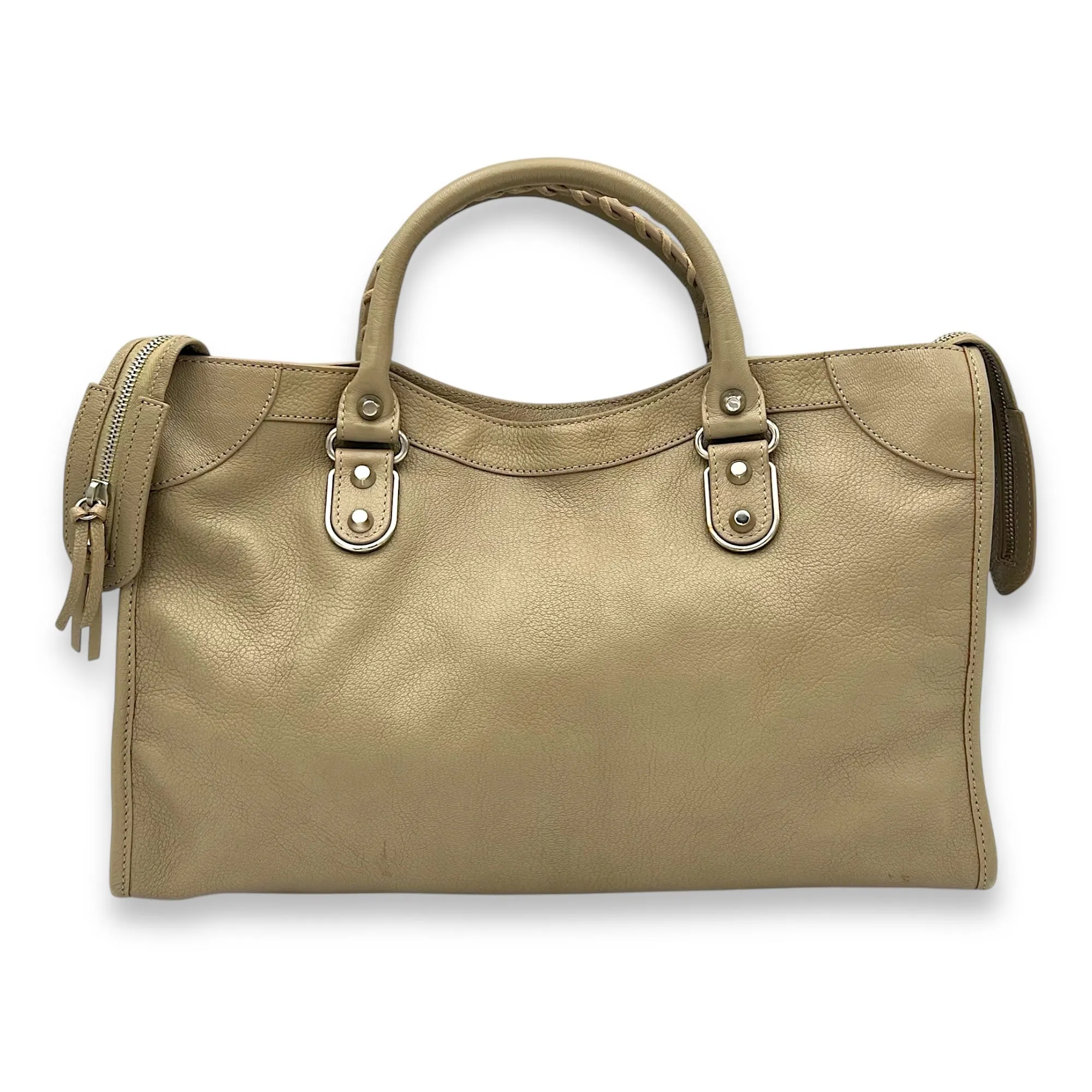 Metallic Edge Shoulder Bag Medium Beige in Calfskin, Silver hardware