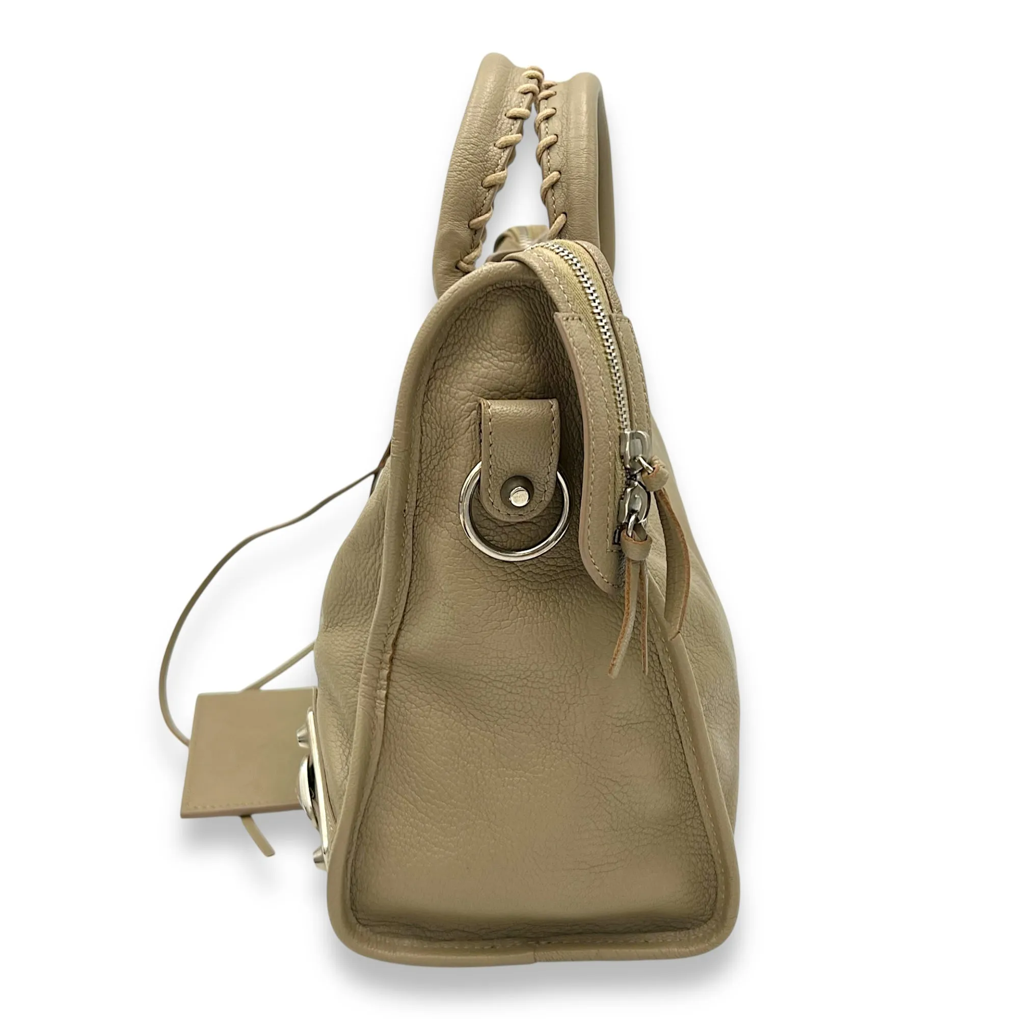 Metallic Edge Shoulder Bag Medium Beige in Calfskin, Silver hardware
