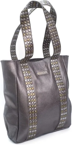 Metallic Silver Tote Bag with Mixed Metal Studded Straps – Stylish Large Shoulder Bag for Women-Pewtre
