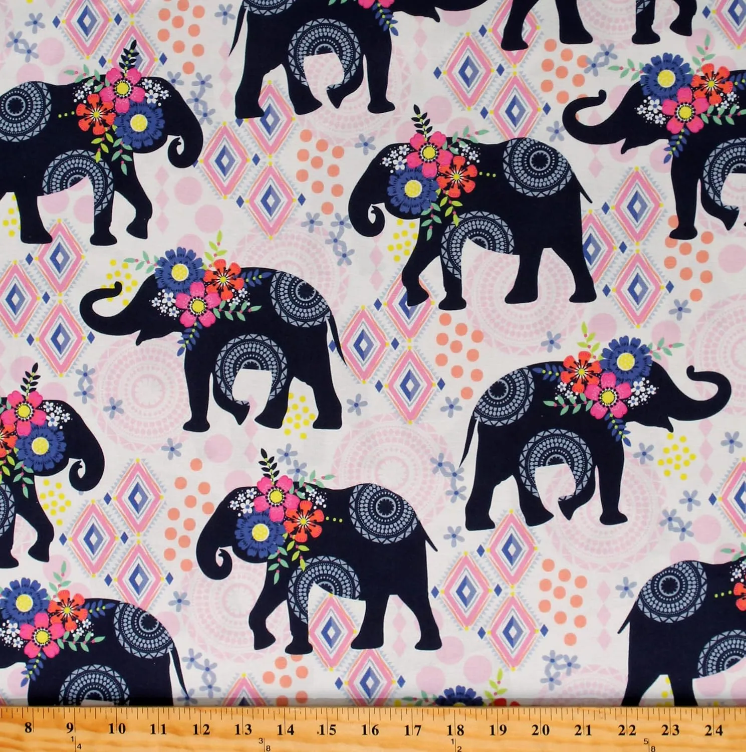 Michael Miller Cotton Elephants Patterns Animals African Flowers Trunk Show White Cotton Fabric Print by the Yard (D587.69)