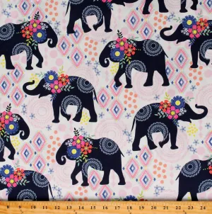 Michael Miller Cotton Elephants Patterns Animals African Flowers Trunk Show White Cotton Fabric Print by the Yard (D587.69)