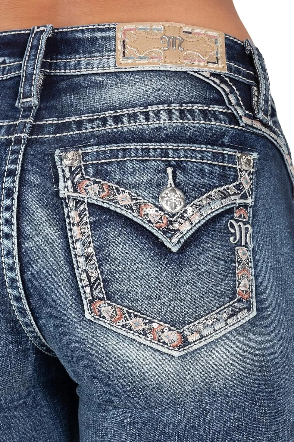 Miss Me Women's Mid-Rise Colorful Border Embellished Faux Flap Pockets Bootcut Jeans