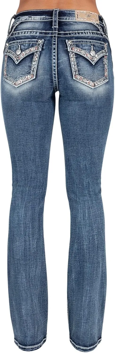 Miss Me Women's Mid-Rise Colorful Border Embellished Faux Flap Pockets Bootcut Jeans