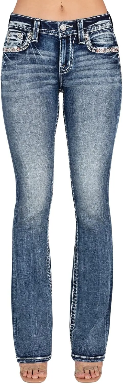 Miss Me Women's Mid-Rise Colorful Border Embellished Faux Flap Pockets Bootcut Jeans