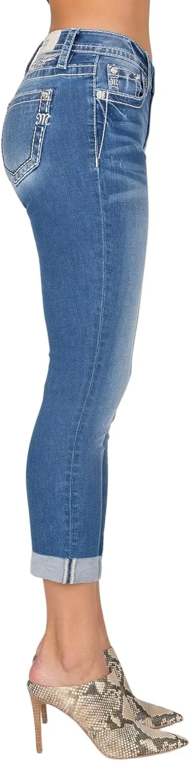 Miss Me Women's Silver Pearl Feather Yoke Mid-Rise Capri Jeans