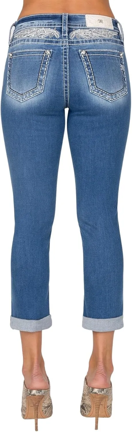 Miss Me Women's Silver Pearl Feather Yoke Mid-Rise Capri Jeans