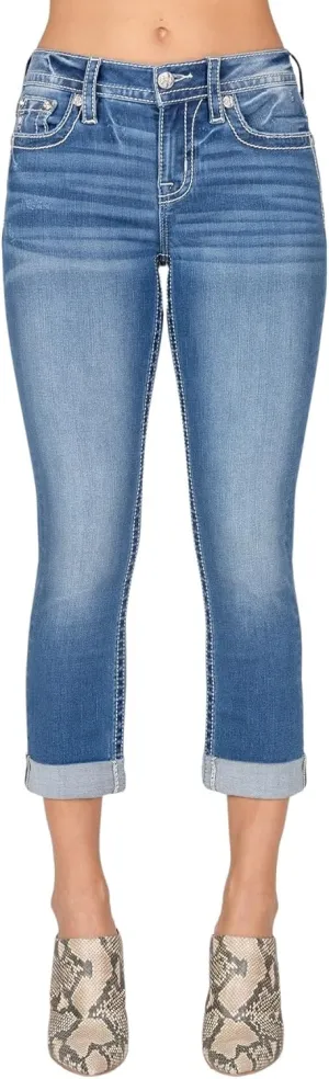 Miss Me Women's Silver Pearl Feather Yoke Mid-Rise Capri Jeans