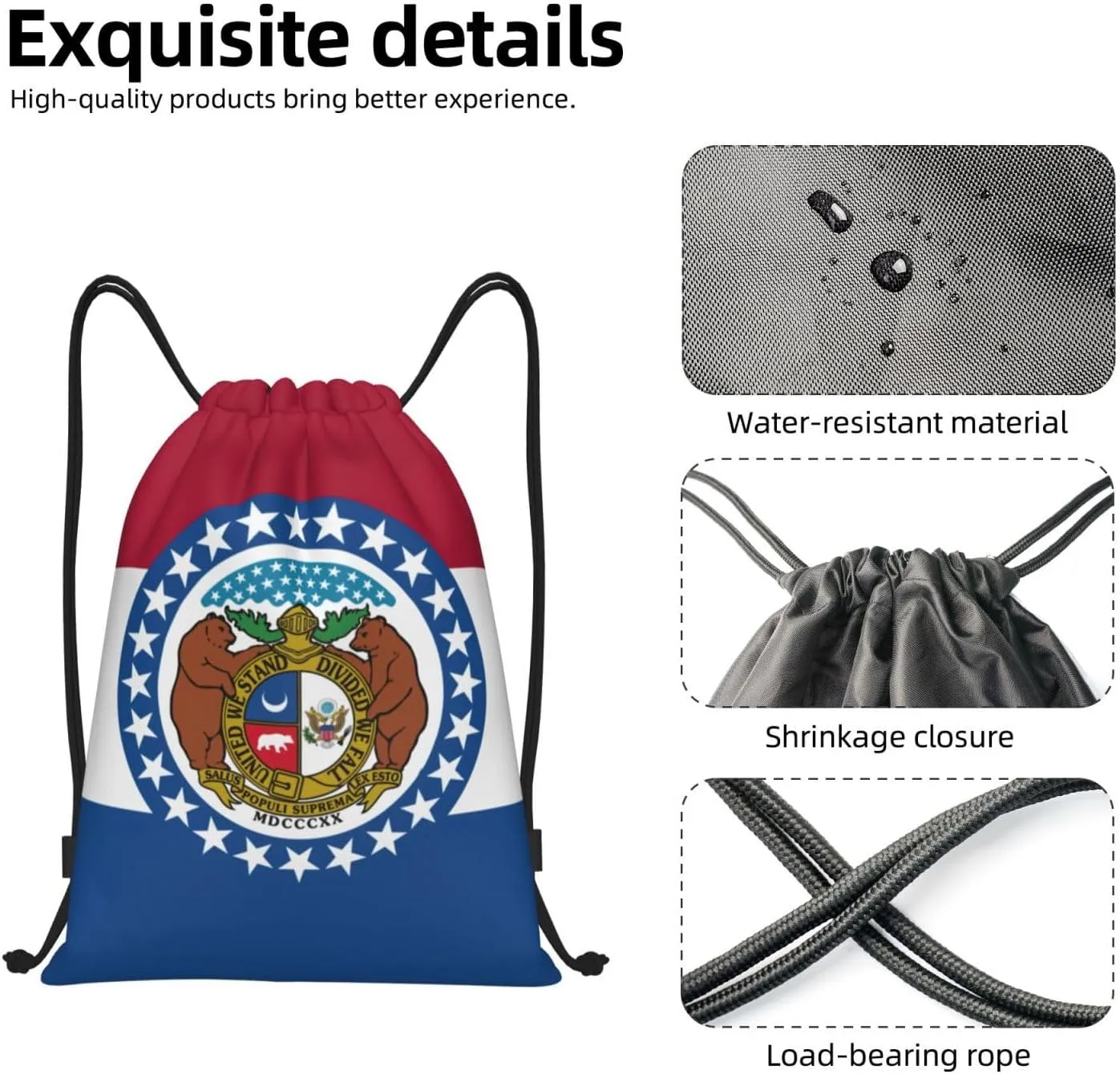 Missouri State Flag print Drawstring Backpack Bags Sack Cinch Tote Sport Storage Polyester Bag for Gym Traveling