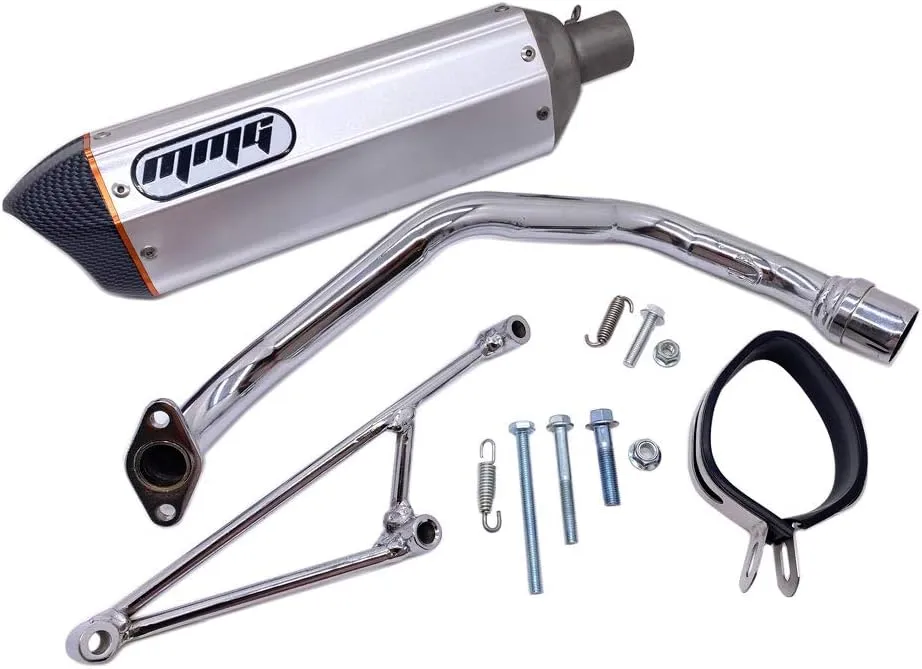 MMG Exhaust System Muffler for GY6 125cc 150cc 4 Stroke Scooters (Metallic Silver Finish)