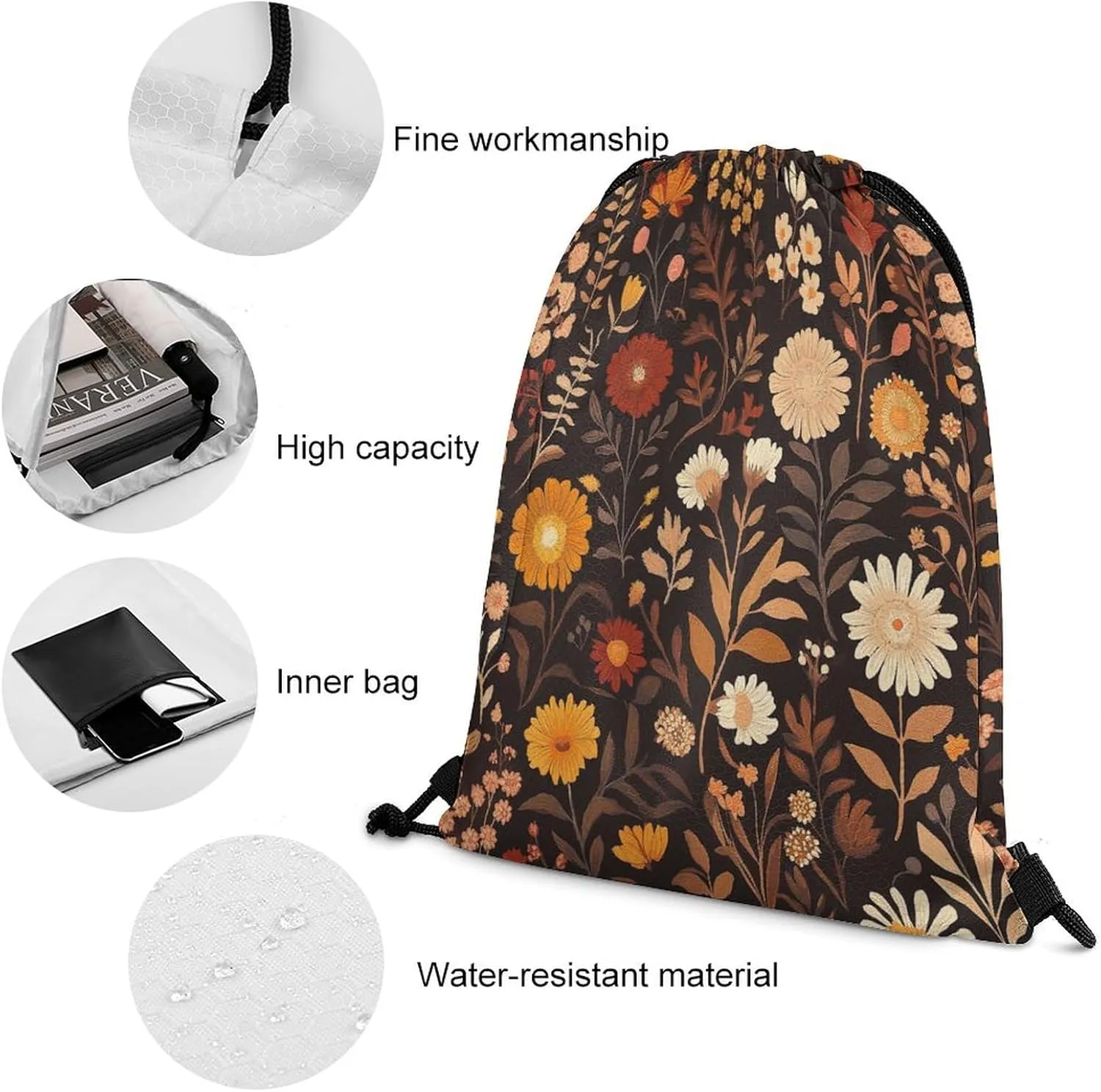 Modern William Morris Florals Drawstring Bags,Drawstring Backpack For Gym Travel Swimming Hiking Camping