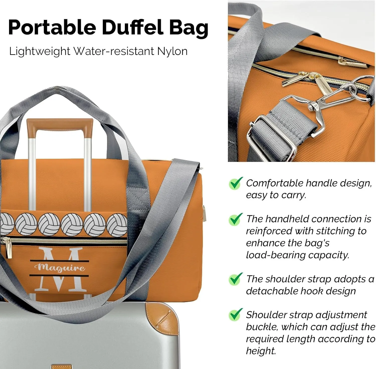 Monogram Letter Orange Personalized Duffel Bag with Name Custom Travel Bag for Women Men Sports Gym Dance Bags Wet Dry Pockets Shoes Compartment Overnight Weekend Bag Gift