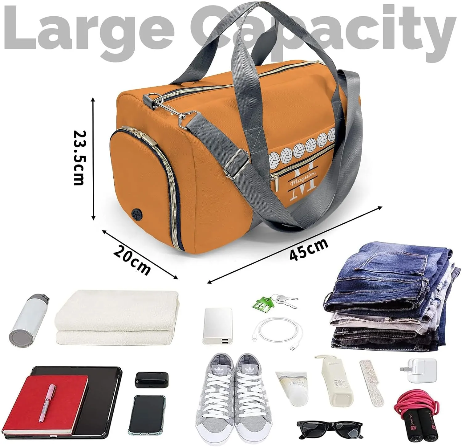 Monogram Letter Orange Personalized Duffel Bag with Name Custom Travel Bag for Women Men Sports Gym Dance Bags Wet Dry Pockets Shoes Compartment Overnight Weekend Bag Gift