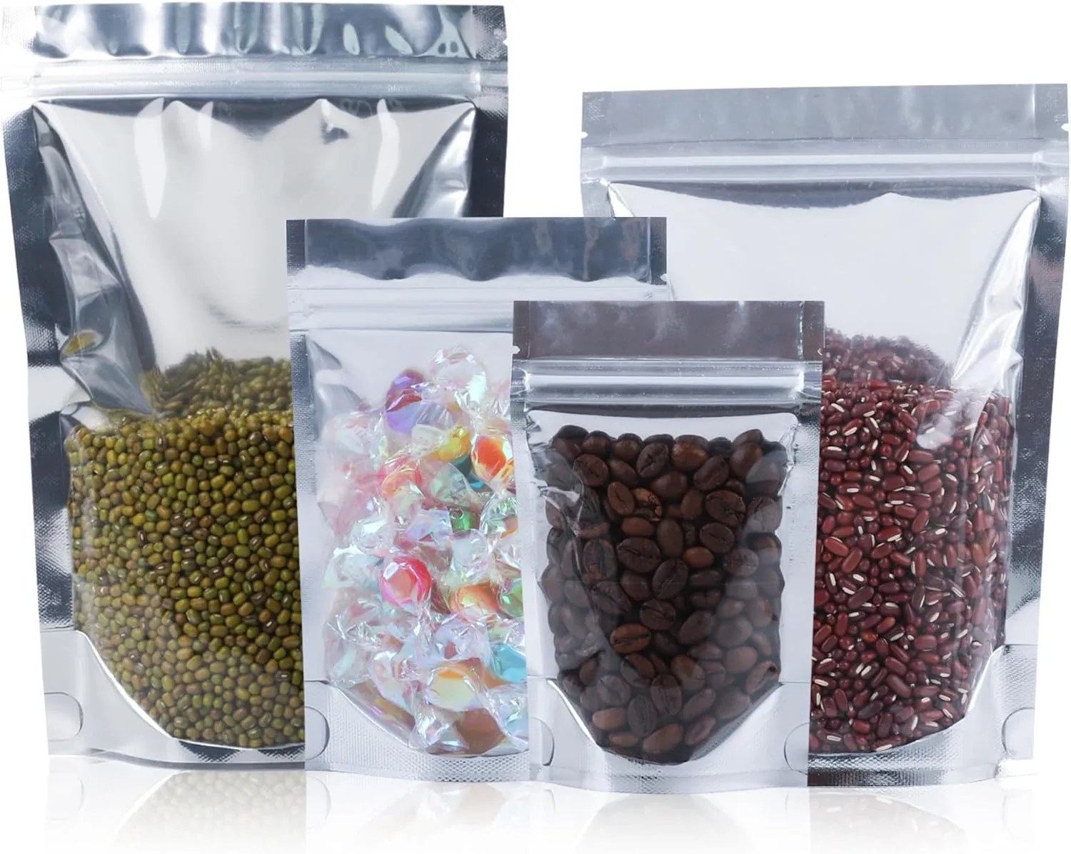 Mylar Bags for Food Storage 4 Size Set, 200 Pack Clear Front Resealable Bags for Small Business, Candy Bag, Stand Up Foil Back Sealable Bag for Packaging