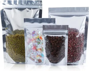 Mylar Bags for Food Storage 4 Size Set, 200 Pack Clear Front Resealable Bags for Small Business, Candy Bag, Stand Up Foil Back Sealable Bag for Packaging