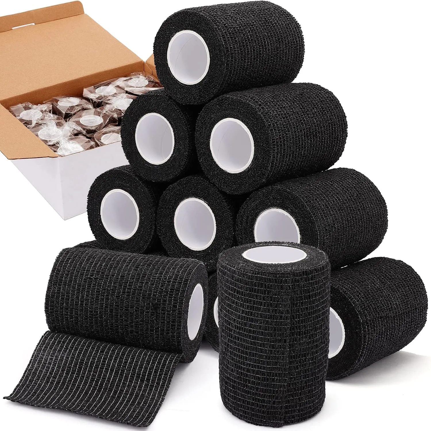 NANASO 12PCS Self Adhesive Bandage Wrap,4" x 5 Yards Elastic Adhesive Tape for Sports,Self Adherent Wrap for Pet,Breathable Cohesive Bandage for Wrist Ankle Knee Leg First Aid Sprains Swelling-Black