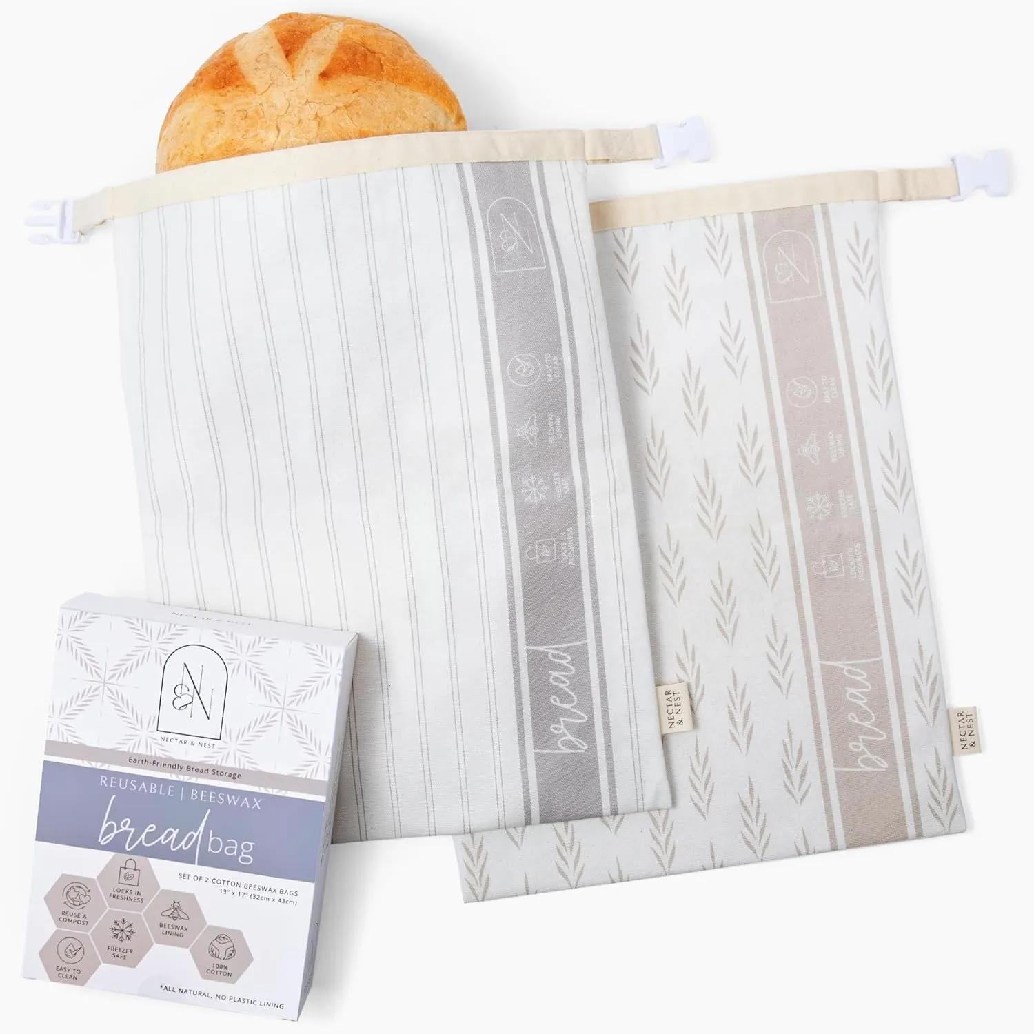 Nectar & Nest Reusable Bread Bags for Homemade Bread (2 Pack) - XL Cotton Beeswax Bags, Sourdough Bag, Beeswax Bag, Sourdough Storage