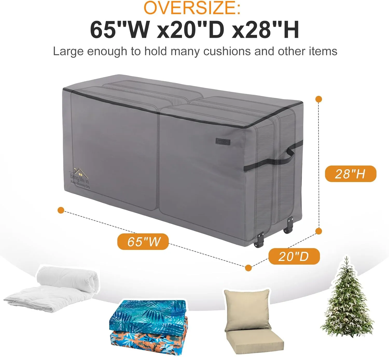 NettyPro Rolling Cushion Storage Bags with Wheel and Handle, Outdoor Patio Large Storage Container for Furniture Pillow Christmas Tree 9 Ft, 65 x 20 x 28 Inch, Grey