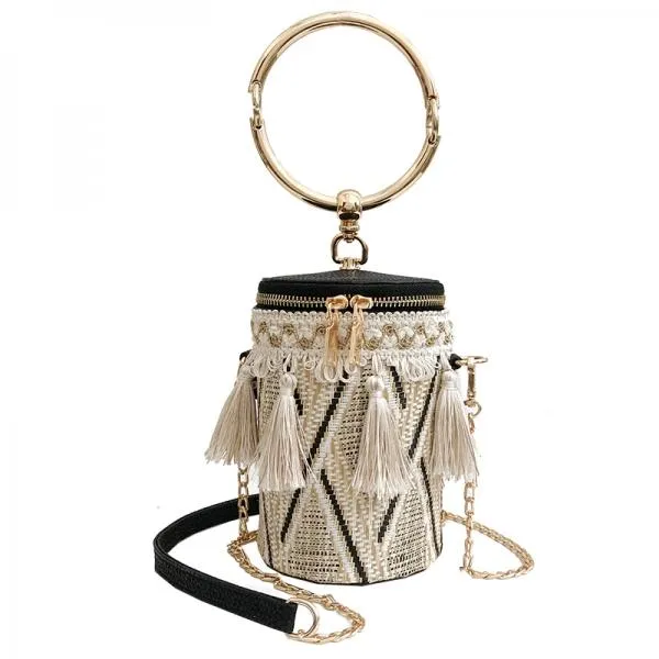 New Fashion Metal Ring Tassel Chain Straw Rattan Handbag Shoulder Bag Crossbody Bag