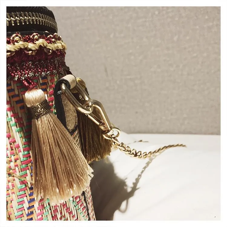 New Fashion Metal Ring Tassel Chain Straw Rattan Handbag Shoulder Bag Crossbody Bag