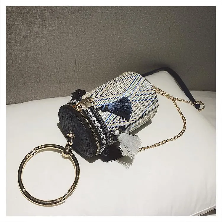 New Fashion Metal Ring Tassel Chain Straw Rattan Handbag Shoulder Bag Crossbody Bag