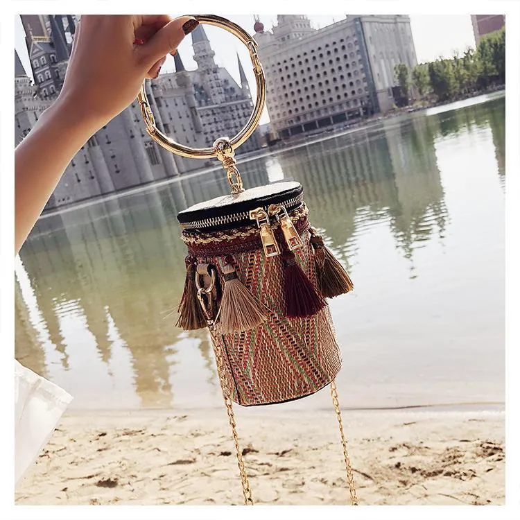 New Fashion Metal Ring Tassel Chain Straw Rattan Handbag Shoulder Bag Crossbody Bag