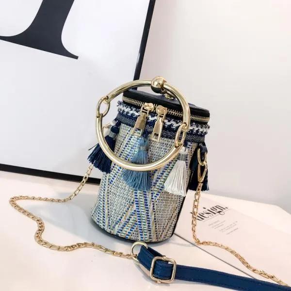 New Fashion Metal Ring Tassel Chain Straw Rattan Handbag Shoulder Bag Crossbody Bag
