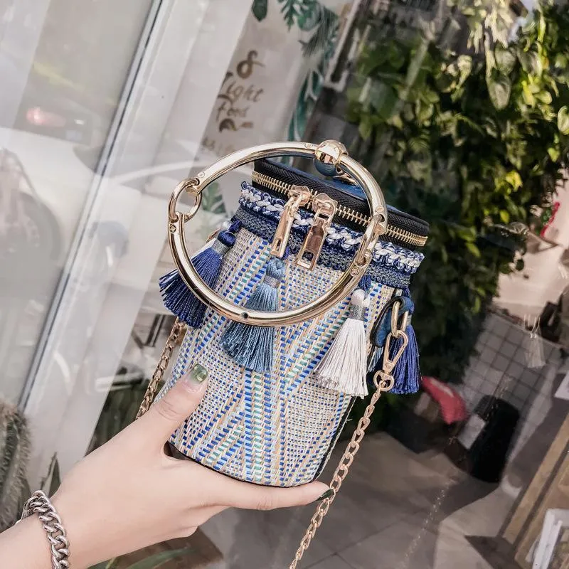 New Fashion Metal Ring Tassel Chain Straw Rattan Handbag Shoulder Bag Crossbody Bag