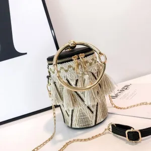 New Fashion Metal Ring Tassel Chain Straw Rattan Handbag Shoulder Bag Crossbody Bag