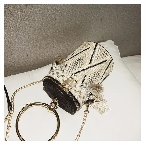 New Fashion Metal Ring Tassel Chain Straw Rattan Handbag Shoulder Bag Crossbody Bag