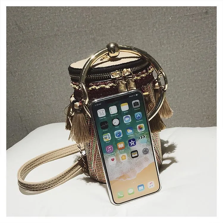 New Fashion Metal Ring Tassel Chain Straw Rattan Handbag Shoulder Bag Crossbody Bag