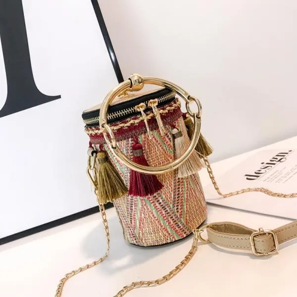 New Fashion Metal Ring Tassel Chain Straw Rattan Handbag Shoulder Bag Crossbody Bag