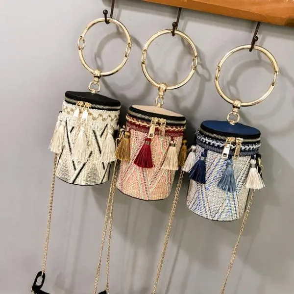 New Fashion Metal Ring Tassel Chain Straw Rattan Handbag Shoulder Bag Crossbody Bag